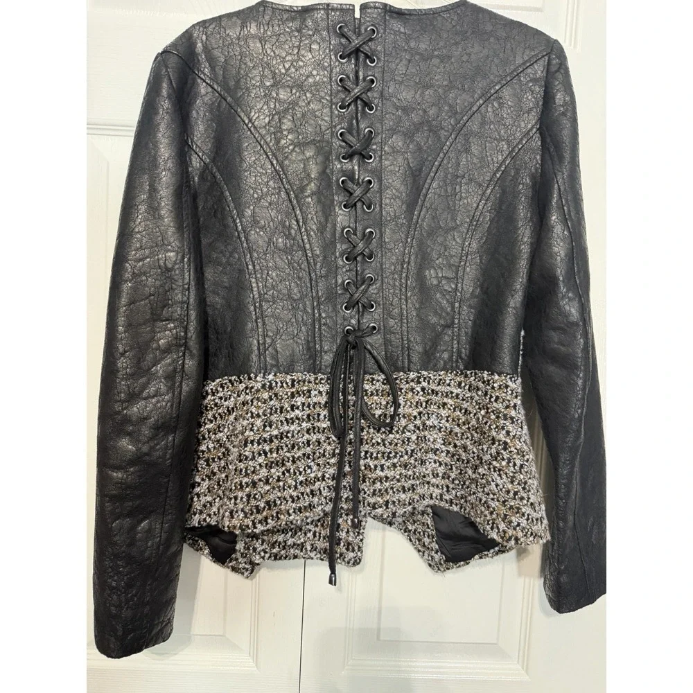 Alberto Makali Women's Vintage Tweed‎ Jacket With Faux Leather Sleeves Size S